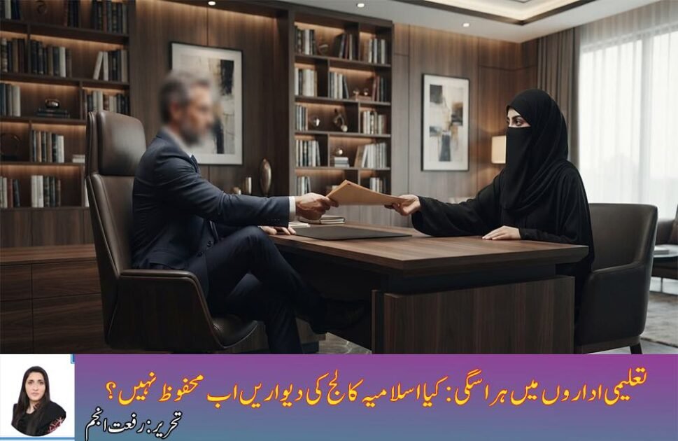 "A powerful senior official in a professional office setting receiving a document from a young woman in a black abaya and niqab during a formal administrative meeting."