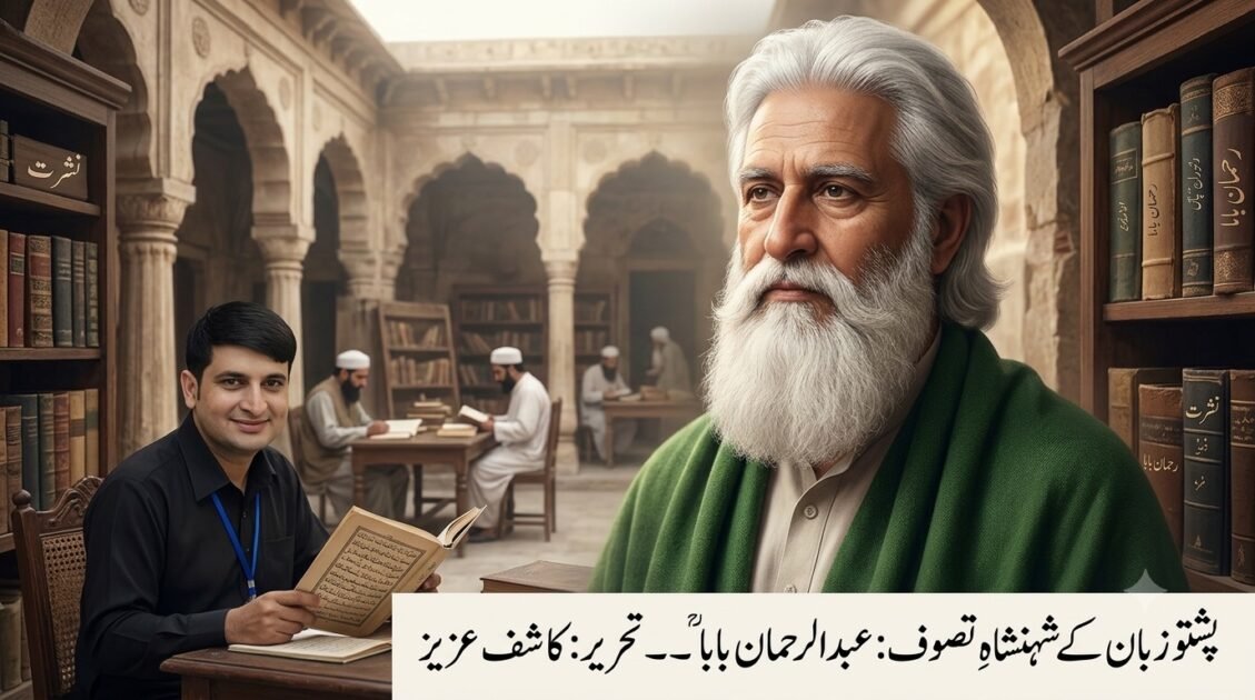"A photorealistic digital illustration composite. On the left, author Kashif Aziz (from image_15.png) smiles, holding an open Pashto manuscript in an arched library. On the right, a large, prominent portrait of the historical Pashto poet Abdul Rahman Baba (from image_14.png) with a white beard and green cloak is featured. Background shows scholars in an ancient library. Elegant Urdu text at the bottom."