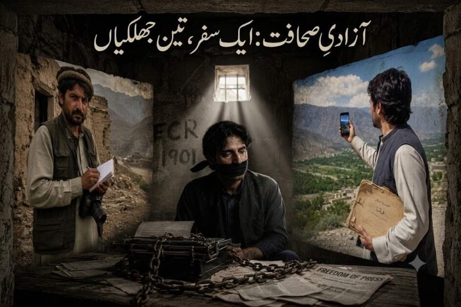 A composite triptych photo titled in Urdu 'Freedom of Press: One Journey, Three Glimpses.' The central panel shows a gagged, chained journalist in a dark cell with 'FCR 1901' on the wall. The left panel shows him in a pakol hat taking notes with a camera near mud ruins and a distant military checkpoint. The right panel shows him using a smartphone to stream while holding 'FATA' files, overlooking a lush valley with an armored truck.