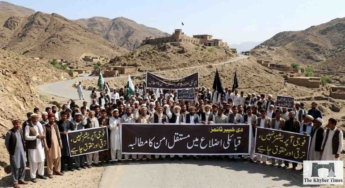 Peaceful protest by local residents in KP tribal districts against unrest, holding banners for permanent peace and civil rights, with mountains and a historic fort in the background - The Khyber Times