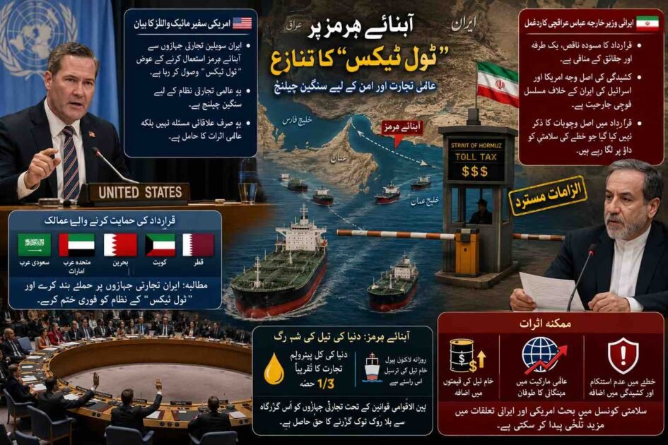 ایران کا تجارتی جہازوں پر ٹول ٹیکس کا مطالبہ: عالمی معیشت کے لئے نیا خطرہ پشاور( دی خیبرٹائمز مانیٹرنگ ڈیسک ) عالمی سیاست کے اہم ترین مرکز، اقوامِ متحدہ میں اس وقت شدید سفارتی جنگ چھڑ گئی ہے جب امریکی سفیر مائیک والٹز نے ایران کی جانب سے آبنائے ہرمز میں سویلین جہازوں پر ٹول ٹیکس نافذ کرنے کے نئے نظام کو پوری دنیا کے لئے ایک سنگین چیلنج قرار دے دیا۔ سلامتی کونسل میں ایک اہم قرارداد کے حوالے سے پریس کانفرنس کرتے ہوئے امریکی سفیر نے انکشاف کیا کہ ایران اب آبنائے ہرمز سے گزرنے والے تمام سویلین تجارتی جہازوں سے یہ مطالبہ کر رہا ہے کہ وہ اس گزرگاہ کو استعمال کرنے کے عوض ٹول ادا کریں۔ مائیک والٹز نے واضح کیا کہ یہ صرف ایک علاقائی مسئلہ نہیں ہے بلکہ ایران کا یہ نیا انتظامی ڈھانچہ عالمی تجارتی نظام کو متاثر کرنے کی صلاحیت رکھتا ہے۔ اس قرارداد کو سعودی عرب، متحدہ عرب امارات، بحرین، کویت اور قطر جیسے اہم علاقائی ممالک کی بھرپور حمایت حاصل ہے، جو ایران سے مطالبہ کر رہے ہیں کہ وہ تجارتی جہازوں پر حملے بند کرے اور اس نئے نظام کو فوری طور پر ختم کرے۔ دوسری جانب ایرانی وزیر خارجہ عباس عراقچی نے ان الزامات اور قرارداد کو یکسر مسترد کرتے ہوئے اقوام متحدہ کے سیکرٹری جنرل انتونیو گوتریس اور سلامتی کونسل کے رکن ممالک کو ایک احتجاجی خط لکھا ہے۔ ایرانی وزیر خارجہ کا موقف ہے کہ سلامتی کونسل میں پیش کیا گیا قرارداد کا مسودہ ناقص، یک طرفہ اور حقائق کے منافی ہے۔ انہوں نے اپنے خط میں واضح کیا کہ آبنائے ہرمز میں پیدا ہونے والی حالیہ کشیدگی کی اصل وجہ وہ نظام نہیں جسے امریکہ نشانہ بنا رہا ہے، بلکہ اس کی اصل جڑیں خطے میں ایران کے خلاف امریکہ اور اسرائیل کی مسلسل فوجی جارحیت اور طاقت کا غیر قانونی استعمال ہے۔ انہوں نے اس بات پر افسوس کا اظہار کیا کہ قرارداد کے مسودے میں ان اہم عوامل کا کوئی ذکر نہیں کیا گیا جو خطے کی سلامتی کو داؤ پر لگا رہے ہیں۔ اس سفارتی تنازع کا پس منظر انتہائی اہمیت کا حامل ہے کیونکہ آبنائے ہرمز کو دنیا کی تیل کی شہ رگ تصور کیا جاتا ہے۔ خلیج فارس اور خلیج عمان کے درمیان واقع یہ تنگ سمندری راستہ دنیا کی کل پیٹرولیم تجارت کے تقریباً ایک تہائی حصے کی گزرگاہ ہے۔ بین الاقوامی قوانین کے تحت تجارتی جہازوں کو ایسی بین الاقوامی گزرگاہوں سے بلا روک ٹوک گزرنے کا حق حاصل ہے، اور اس پر کسی بھی قسم کا ٹیکس یا کنٹرول عالمی تجارتی قوانین کی خلاف ورزی سمجھا جاتا ہے۔ اگر یہ کشیدگی مزید بڑھتی ہے اور ایران اس گزرگاہ پر اپنا کنٹرول سخت کرتا ہے، تو اس کے براہِ راست اثرات عالمی مارکیٹ میں خام تیل کی قیمتوں پر پڑیں گے، جس سے پوری دنیا میں مہنگائی کا ایک نیا طوفان آ سکتا ہے۔ تجزیہ کاروں کے مطابق، سلامتی کونسل میں اس معاملے پر بحث آنے والے دنوں میں امریکہ اور ایران کے تعلقات میں مزید تلخی پیدا کر سکتی ہے جس کے اثرات پورے مشرقِ وسطیٰ پر مرتب ہوں گے۔