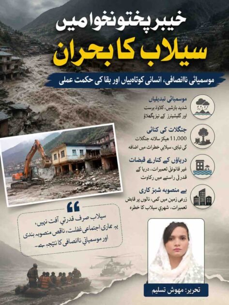 Alt Text: An aerial view of severe flood devastation in a mountainous region of Khyber Pakhtunkhwa, showing overflowing rivers, washed-out bridges, and damaged concrete structures along the riverbanks.