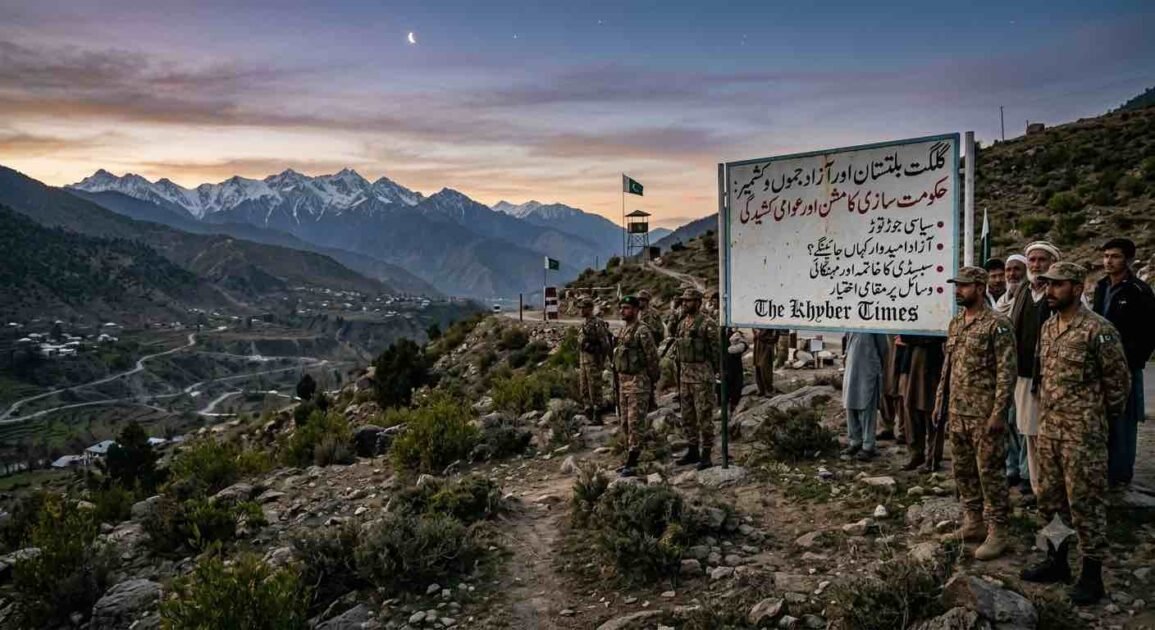 An informational sign detailing the political crisis, government formation, and public tension in Gilgit-Baltistan and Azad Kashmir, with soldiers and civilians in a mountain pass for The Khyber Times. دی خیبر ٹائمز کی خصوصی رپورٹ کے لیے گلگت بلتستان اور آزاد کشمیر میں حکومت سازی، سیاسی جوڑ توڑ اور عوامی کشیدگی کے مسائل کو ظاہر کرتا ہوا ایک معلوماتی بورڈ اور مقامی منظر۔