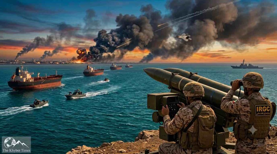 Iranian IRGC coastal missile battery overlooking oil tankers and naval warships in the Strait of Hormuz amid Middle East tension, for The Khyber Times. آبنائے ہرمز میں آئل ٹینکرز اور بحری جنگی جہازوں کے سامنے تعینات ایرانی کوسٹل میزائل بیٹری، دی خیبر ٹائمز خبر کے لیے۔