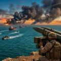 Iranian IRGC coastal missile battery overlooking oil tankers and naval warships in the Strait of Hormuz amid Middle East tension, for The Khyber Times. آبنائے ہرمز میں آئل ٹینکرز اور بحری جنگی جہازوں کے سامنے تعینات ایرانی کوسٹل میزائل بیٹری، دی خیبر ٹائمز خبر کے لیے۔