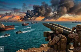 Iranian IRGC coastal missile battery overlooking oil tankers and naval warships in the Strait of Hormuz amid Middle East tension, for The Khyber Times. آبنائے ہرمز میں آئل ٹینکرز اور بحری جنگی جہازوں کے سامنے تعینات ایرانی کوسٹل میزائل بیٹری، دی خیبر ٹائمز خبر کے لیے۔