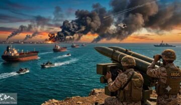 Iranian IRGC coastal missile battery overlooking oil tankers and naval warships in the Strait of Hormuz amid Middle East tension, for The Khyber Times. آبنائے ہرمز میں آئل ٹینکرز اور بحری جنگی جہازوں کے سامنے تعینات ایرانی کوسٹل میزائل بیٹری، دی خیبر ٹائمز خبر کے لیے۔