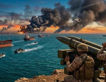 Iranian IRGC coastal missile battery overlooking oil tankers and naval warships in the Strait of Hormuz amid Middle East tension, for The Khyber Times. آبنائے ہرمز میں آئل ٹینکرز اور بحری جنگی جہازوں کے سامنے تعینات ایرانی کوسٹل میزائل بیٹری، دی خیبر ٹائمز خبر کے لیے۔
