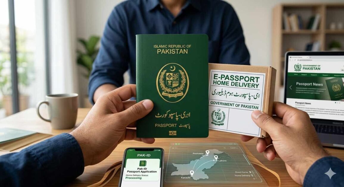 Alt Text: A close-up shot of the official Pakistani e-Passport with its distinct green cover and digital biometric chip symbol embossed on the front.