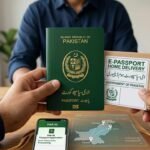 Alt Text: A close-up shot of the official Pakistani e-Passport with its distinct green cover and digital biometric chip symbol embossed on the front.