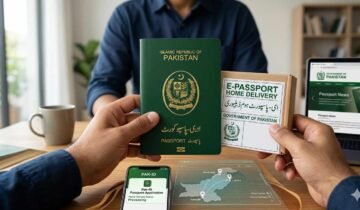 Alt Text: A close-up shot of the official Pakistani e-Passport with its distinct green cover and digital biometric chip symbol embossed on the front.