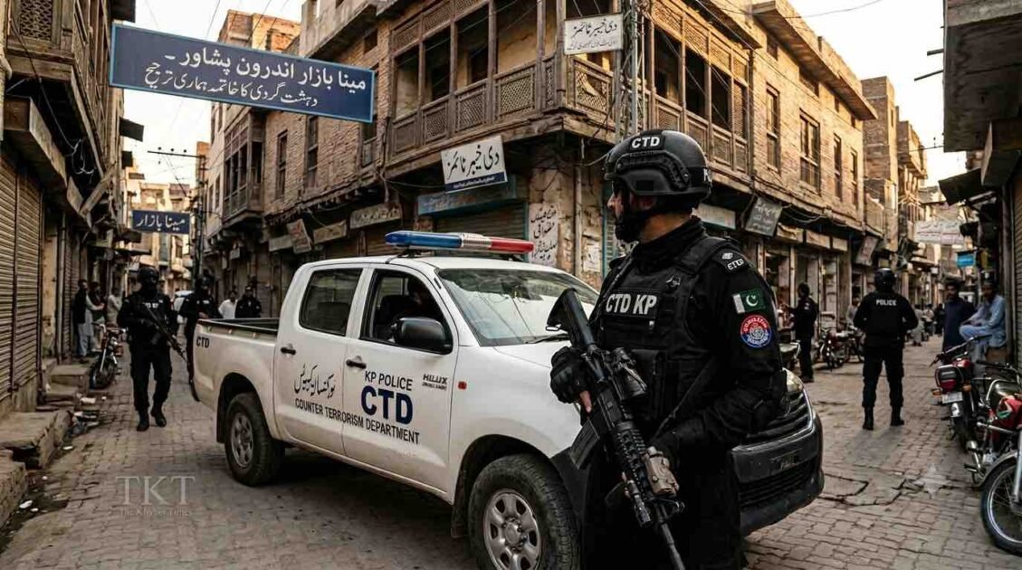 KP Police CTD personnel standing alert next to a police vehicle in Meena Bazar, Peshawar, for a Khyber Times news report.