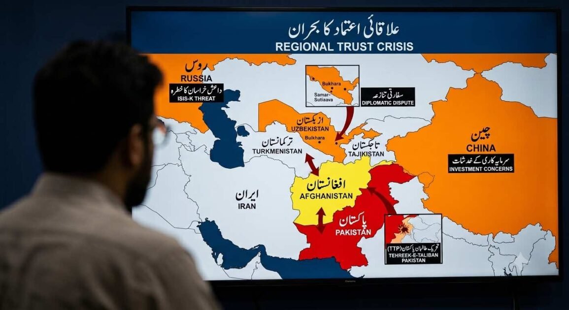 A newsroom analyst views a large digital screen displaying a map of Central and South Asia. Afghanistan is highlighted in yellow, Pakistan in red, and neighboring countries in orange. Arrows indicate tensions radiating from Afghanistan. Several bilingual (Urdu/English) text boxes highlight regional security and diplomatic threats, including ISIS-K and TTP, under the title 'Regional Trust Crisis'.