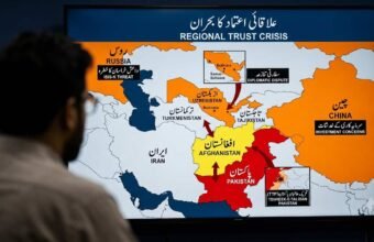 A newsroom analyst views a large digital screen displaying a map of Central and South Asia. Afghanistan is highlighted in yellow, Pakistan in red, and neighboring countries in orange. Arrows indicate tensions radiating from Afghanistan. Several bilingual (Urdu/English) text boxes highlight regional security and diplomatic threats, including ISIS-K and TTP, under the title 'Regional Trust Crisis'.