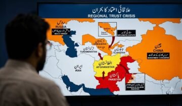 A newsroom analyst views a large digital screen displaying a map of Central and South Asia. Afghanistan is highlighted in yellow, Pakistan in red, and neighboring countries in orange. Arrows indicate tensions radiating from Afghanistan. Several bilingual (Urdu/English) text boxes highlight regional security and diplomatic threats, including ISIS-K and TTP, under the title 'Regional Trust Crisis'.