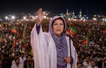 PTI founder Imran Khan's sister Aleema Khan addressing a crowded workers' convention in Timergara, Lower Dir.