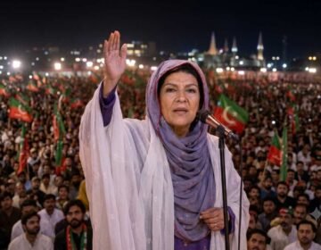 PTI founder Imran Khan's sister Aleema Khan addressing a crowded workers' convention in Timergara, Lower Dir.
