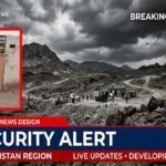 A security checkpoint and law enforcement vehicles cordoning off a street in rural Balochistan Pakistan