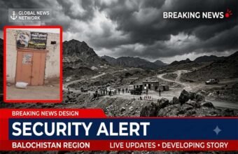 A security checkpoint and law enforcement vehicles cordoning off a street in rural Balochistan Pakistan
