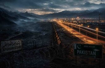 "Dramatic mountain border crossing with barbed wire in the foreground, contrasting a modern, illuminated CPEC industrial highway with dark, shadowy mountain terrain."