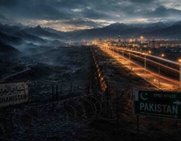 "Dramatic mountain border crossing with barbed wire in the foreground, contrasting a modern, illuminated CPEC industrial highway with dark, shadowy mountain terrain."