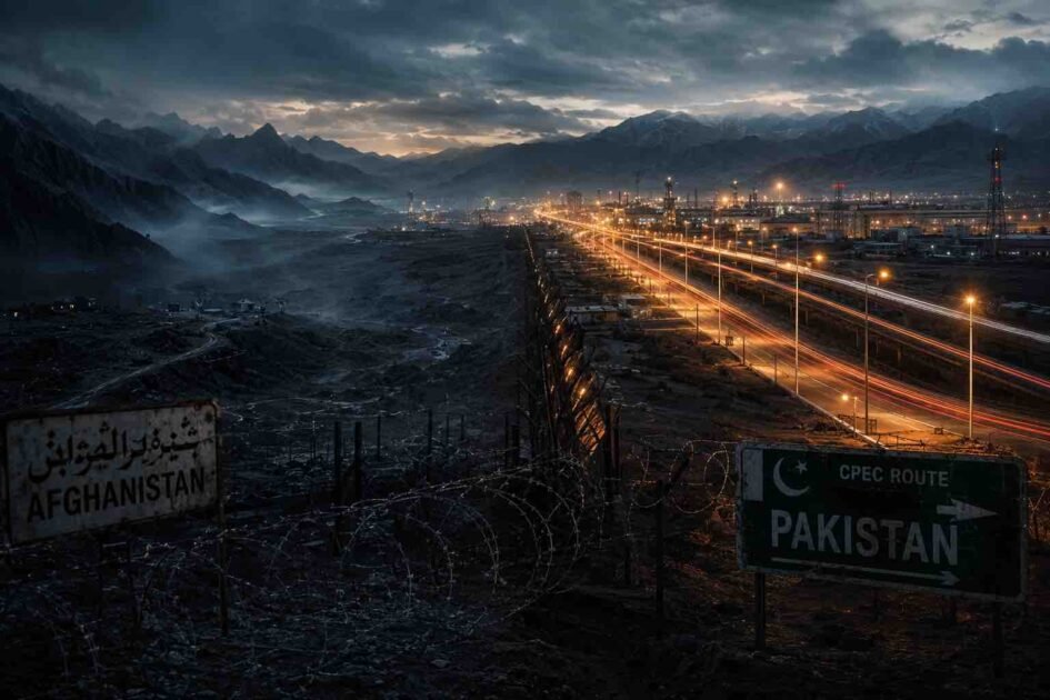 "Dramatic mountain border crossing with barbed wire in the foreground, contrasting a modern, illuminated CPEC industrial highway with dark, shadowy mountain terrain."
