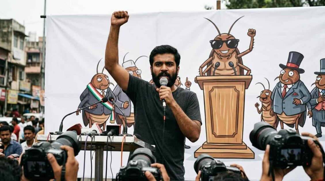 A young South Asian man with a beard speaks passionately into a handheld microphone with his right arm raised in defiance. He stands in front of a large white banner featuring a satirical cartoon mural of cockroaches acting as political figures. To his right, another man stands wearing a black t-shirt and dark sunglasses.