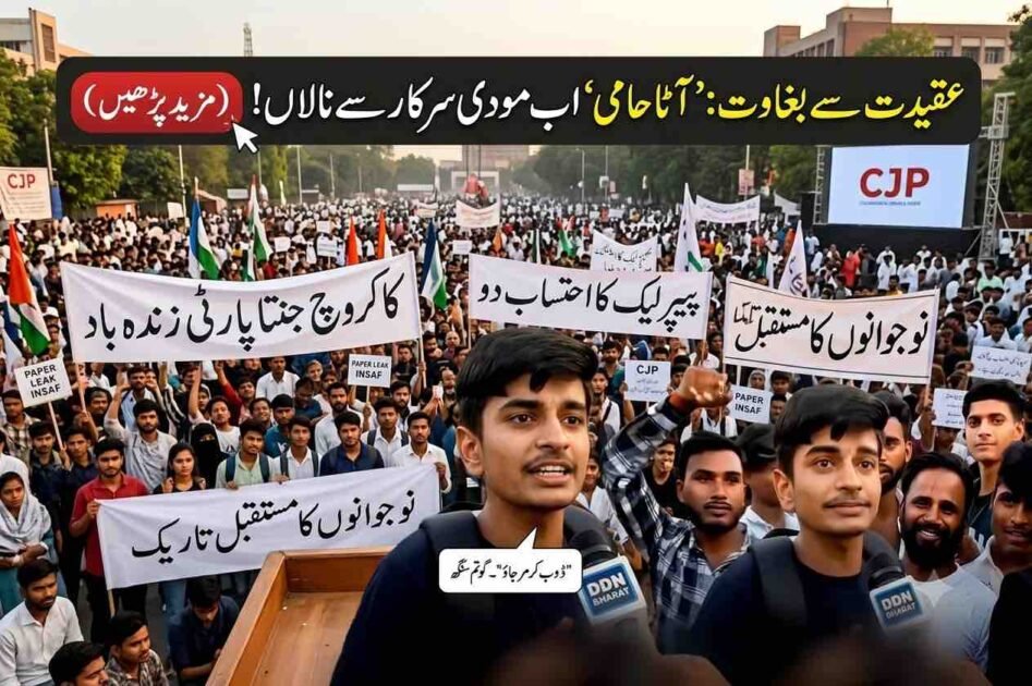 Gautam Singh speaking into a DDN Bharat microphone during a Cockroach Janata Party student protest against exam paper leaks in India.