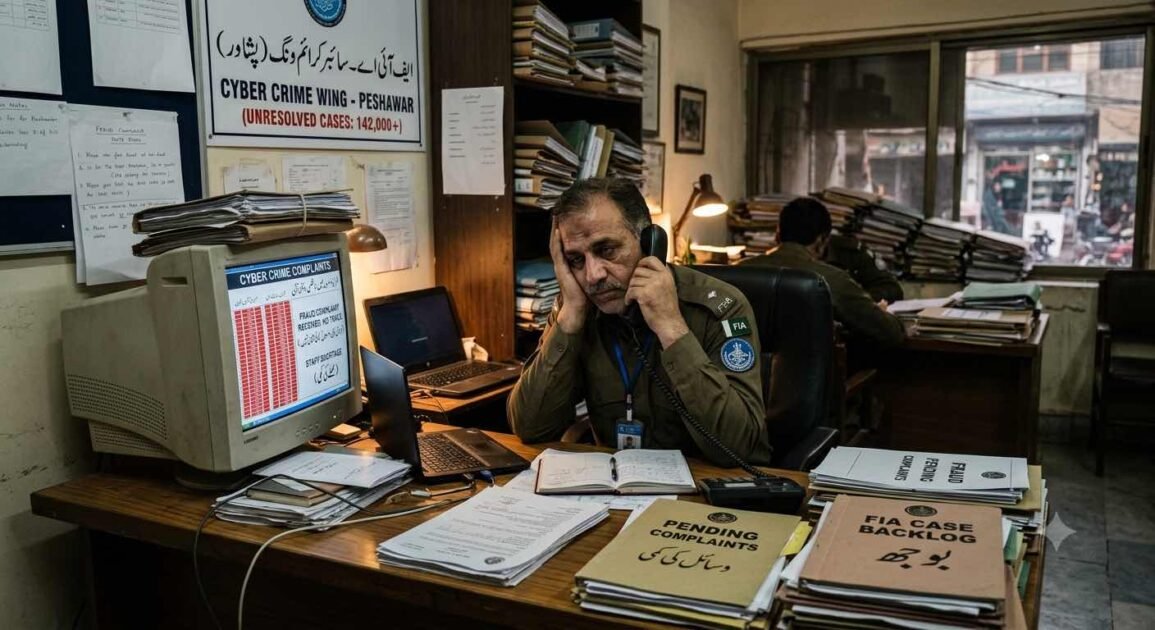 English: A frustrated FIA cybercrime officer in Peshawar sitting at a desk overflowing with unresolved case files and outdated equipment.