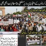 A detailed news infographic by The Khyber Times about Indian protests. At the top, Urdu text reads: "India: Protests by Students and Farmers, Minister Resigns, 3 Demands Still Pending." The main image is a split-screen photo of massive protest rallies in New Delhi near India Gate. The left side features young people with signs that say "JNU PROTESTS," "STUDENT POWER," and "انقلاب زندہ باد" (Long Live the Revolution). The right side shows farmers in turbans and beards with signs reading "KISAN UNITY" and "JUSTICE FOR FARMERS." Overlaid Urdu text in the center and bottom says: "The struggle will continue until the 3 demands are met." The bottom section includes a summary in Urdu under the heading "Key Points" and three smaller image insets. The insets show a "Resignation is Not Victory" sign, a dejected former minister, and a banner that lists "REPEAL, RELEASE, JUSTICE" in English and Urdu.