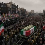 "Massive funeral procession for Ayatollah Ali Khamenei in Tehran, featuring thousands of mourners, international dignitaries, and heavy security presence."