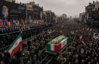 "Massive funeral procession for Ayatollah Ali Khamenei in Tehran, featuring thousands of mourners, international dignitaries, and heavy security presence."