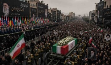 "Massive funeral procession for Ayatollah Ali Khamenei in Tehran, featuring thousands of mourners, international dignitaries, and heavy security presence."