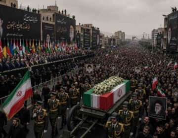 "Massive funeral procession for Ayatollah Ali Khamenei in Tehran, featuring thousands of mourners, international dignitaries, and heavy security presence."