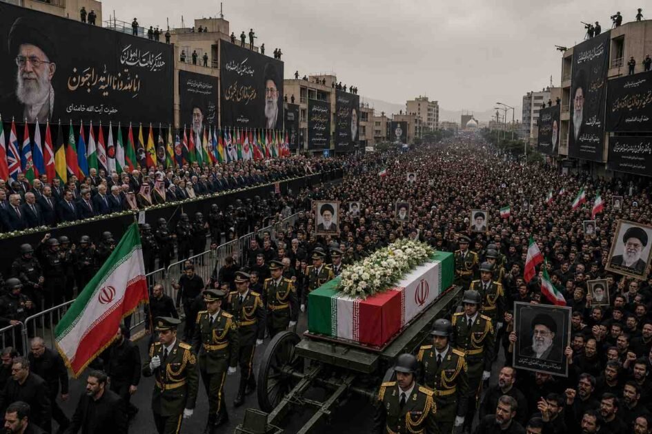 "Massive funeral procession for Ayatollah Ali Khamenei in Tehran, featuring thousands of mourners, international dignitaries, and heavy security presence."
