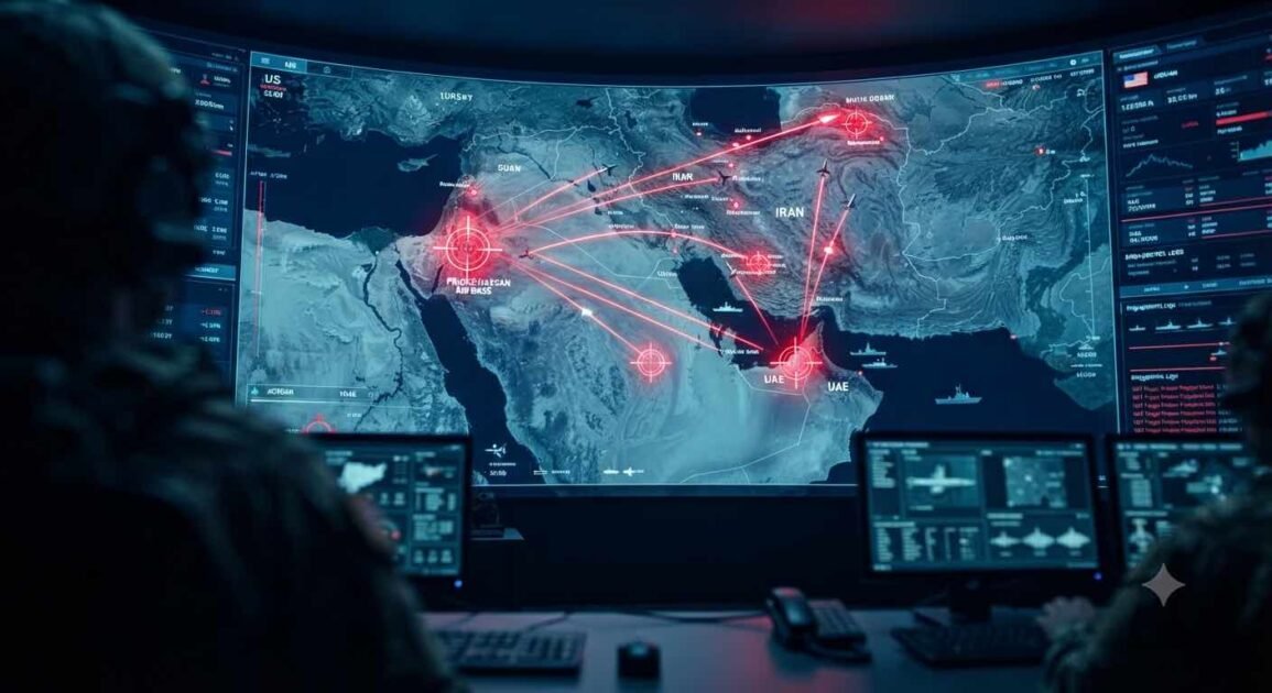 Military command center screen showing a digital map of Middle East conflict zones with missile trajectories and targeting markers on Iran, Jordan, and UAE.