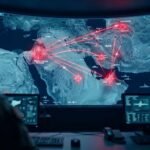 Military command center screen showing a digital map of Middle East conflict zones with missile trajectories and targeting markers on Iran, Jordan, and UAE.