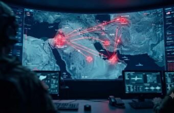 Military command center screen showing a digital map of Middle East conflict zones with missile trajectories and targeting markers on Iran, Jordan, and UAE.