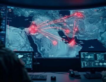 Military command center screen showing a digital map of Middle East conflict zones with missile trajectories and targeting markers on Iran, Jordan, and UAE.