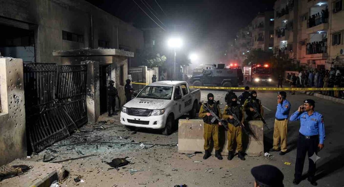"Crime scene aftermath of the Gulistan-e-Jauhar Rangers attack in Karachi, showing damaged gate, destroyed vehicle, heavy security, and police presence."