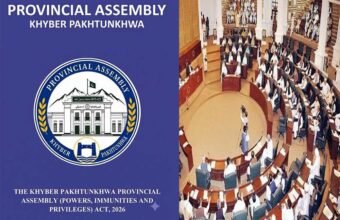 "The official logo of the Provincial Assembly of Khyber Pakhtunkhwa set against a blue background, with the title text: 'Provincial Assembly Khyber Pakhtunkhwa' at the top and the title of the legislation 'The Khyber Pakhtunkhwa Provincial Assembly (Powers, Immunities and Privileges) Act, 2026' at the bottom."