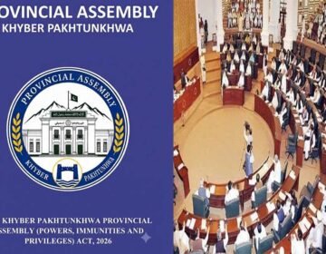 "The official logo of the Provincial Assembly of Khyber Pakhtunkhwa set against a blue background, with the title text: 'Provincial Assembly Khyber Pakhtunkhwa' at the top and the title of the legislation 'The Khyber Pakhtunkhwa Provincial Assembly (Powers, Immunities and Privileges) Act, 2026' at the bottom."