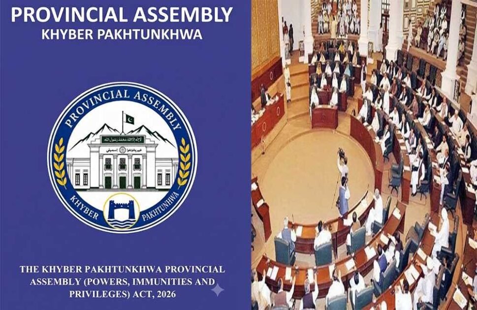 "The official logo of the Provincial Assembly of Khyber Pakhtunkhwa set against a blue background, with the title text: 'Provincial Assembly Khyber Pakhtunkhwa' at the top and the title of the legislation 'The Khyber Pakhtunkhwa Provincial Assembly (Powers, Immunities and Privileges) Act, 2026' at the bottom."