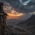 "A gritty, cinematic photojournalism style photograph capturing the tension in the remote tribal districts of Khyber Pakhtunkhwa near the border of Balochistan. A weathered Pashtun elder, a member of a local 'Aman Lashkar' (Peace Committee), is standing vigil on a rocky mountain pass at dusk. He is silhouetted against a dramatic, turbulent twilight sky featuring deep dusty orange and moody blue storm clouds. He is wearing a traditional shalwar kameez and a worn turban, holding an older model Kalashnikov rifle, and looking out over a vast, rugged, desolate mountain valley. The atmosphere is somber, tense, and quiet. The composition emphasizes depth and uncertainty. High contrast, deep shadows, textured film grain, shot on professional editorial camera equipment. Aspect ratio 16:9 (for a website featured image)