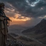 "A gritty, cinematic photojournalism style photograph capturing the tension in the remote tribal districts of Khyber Pakhtunkhwa near the border of Balochistan. A weathered Pashtun elder, a member of a local 'Aman Lashkar' (Peace Committee), is standing vigil on a rocky mountain pass at dusk. He is silhouetted against a dramatic, turbulent twilight sky featuring deep dusty orange and moody blue storm clouds. He is wearing a traditional shalwar kameez and a worn turban, holding an older model Kalashnikov rifle, and looking out over a vast, rugged, desolate mountain valley. The atmosphere is somber, tense, and quiet. The composition emphasizes depth and uncertainty. High contrast, deep shadows, textured film grain, shot on professional editorial camera equipment. Aspect ratio 16:9 (for a website featured image)