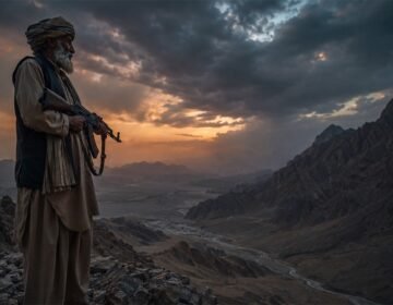 "A gritty, cinematic photojournalism style photograph capturing the tension in the remote tribal districts of Khyber Pakhtunkhwa near the border of Balochistan. A weathered Pashtun elder, a member of a local 'Aman Lashkar' (Peace Committee), is standing vigil on a rocky mountain pass at dusk. He is silhouetted against a dramatic, turbulent twilight sky featuring deep dusty orange and moody blue storm clouds. He is wearing a traditional shalwar kameez and a worn turban, holding an older model Kalashnikov rifle, and looking out over a vast, rugged, desolate mountain valley. The atmosphere is somber, tense, and quiet. The composition emphasizes depth and uncertainty. High contrast, deep shadows, textured film grain, shot on professional editorial camera equipment. Aspect ratio 16:9 (for a website featured image)
