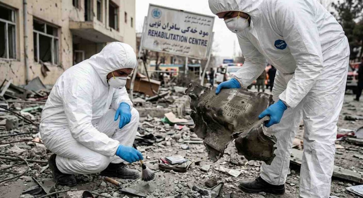 Rubble and debris at the site of an airstrike in Kabul following attacks on the Omid Rehabilitation Centre amid Pak-Afghan border tensions.