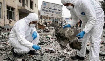 Rubble and debris at the site of an airstrike in Kabul following attacks on the Omid Rehabilitation Centre amid Pak-Afghan border tensions.