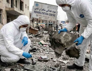 Rubble and debris at the site of an airstrike in Kabul following attacks on the Omid Rehabilitation Centre amid Pak-Afghan border tensions.