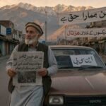 سوات اور ملاکنڈ میں ٹیکسوں اور این سی پی گاڑیوں پر پابندی کے خلاف احتجاج کے دوران اخبار ہاتھ میں لیے ایک بزرگ شہری